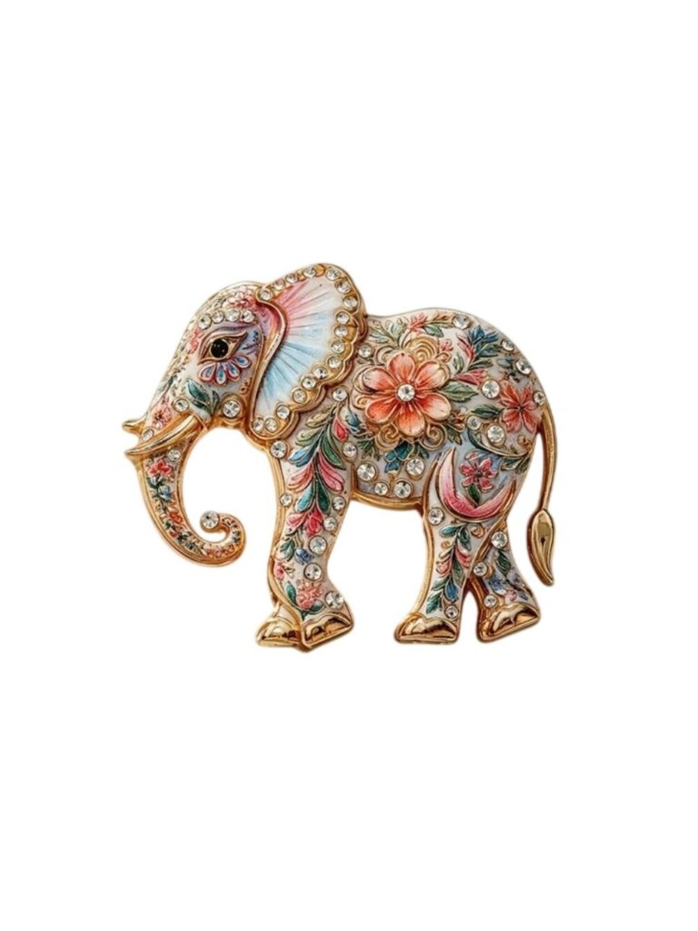 Floral Enamel & Crystal Elephant Brooch Gold-Tone